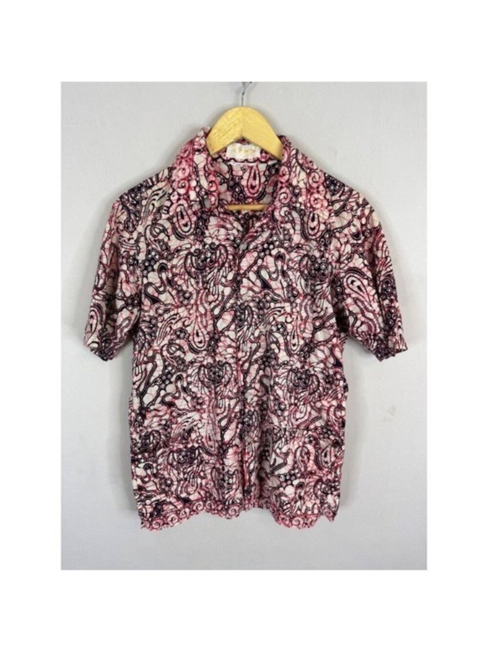 Vintage Java Batik Mens M 70s Red Black Abstract Swirl Short Sleeve Button Down